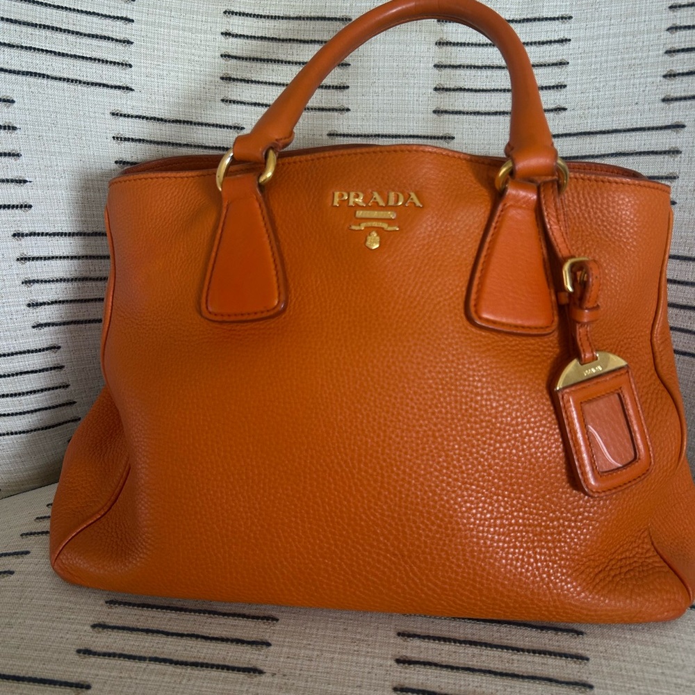 Prada Authentic Orange Pebbled Leather Soft Tote Satchel
